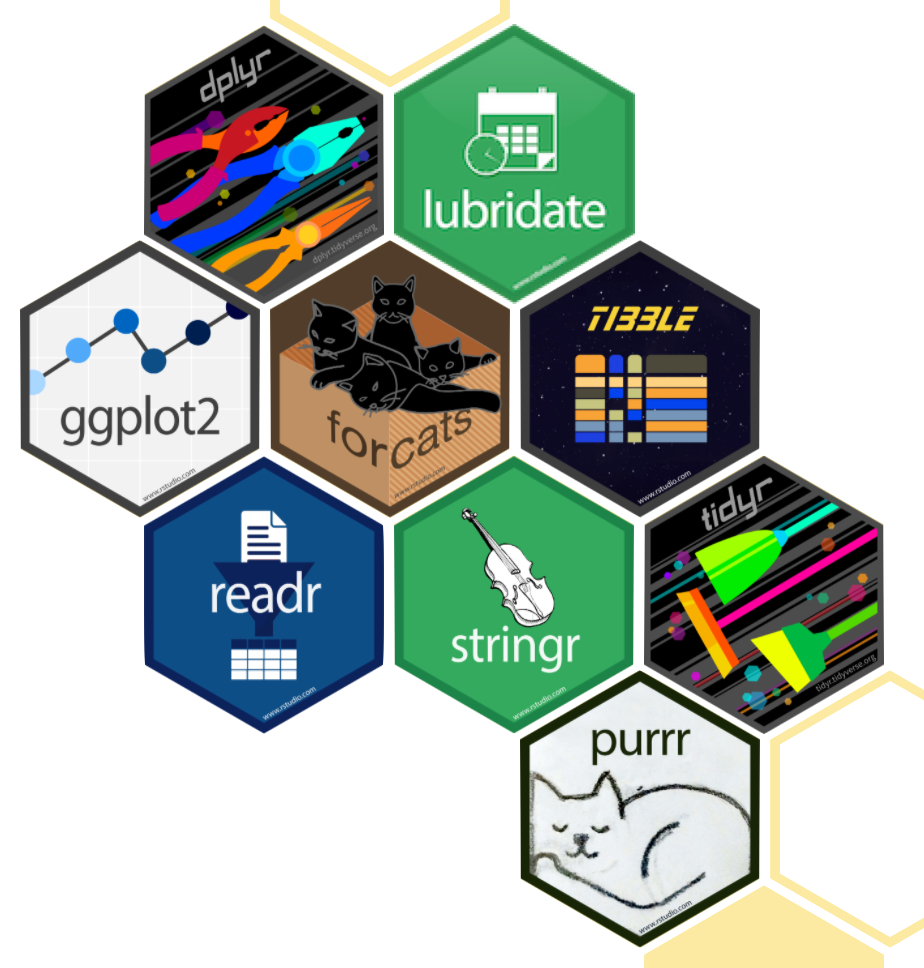 Hex logos for dplyr, ggplot2, forcats, tibble, readr, stringr, tidyr, and purrr