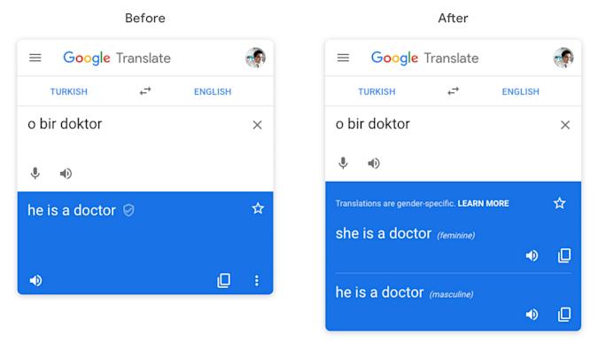 Google Translate interface showing gendered translation options