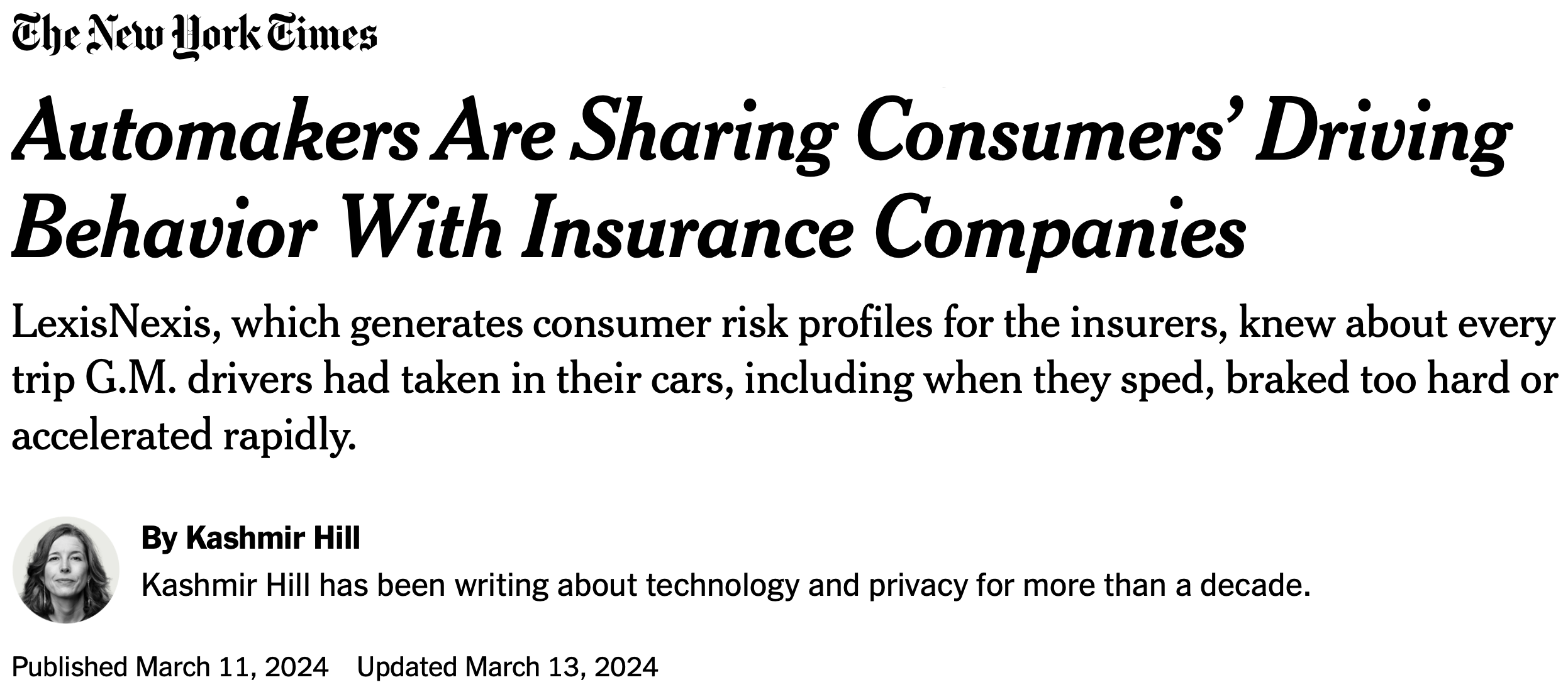 Screenshot of a news article reporting that GM and OnStar collected precise location and driving behavior data from millions of vehicles without consent.