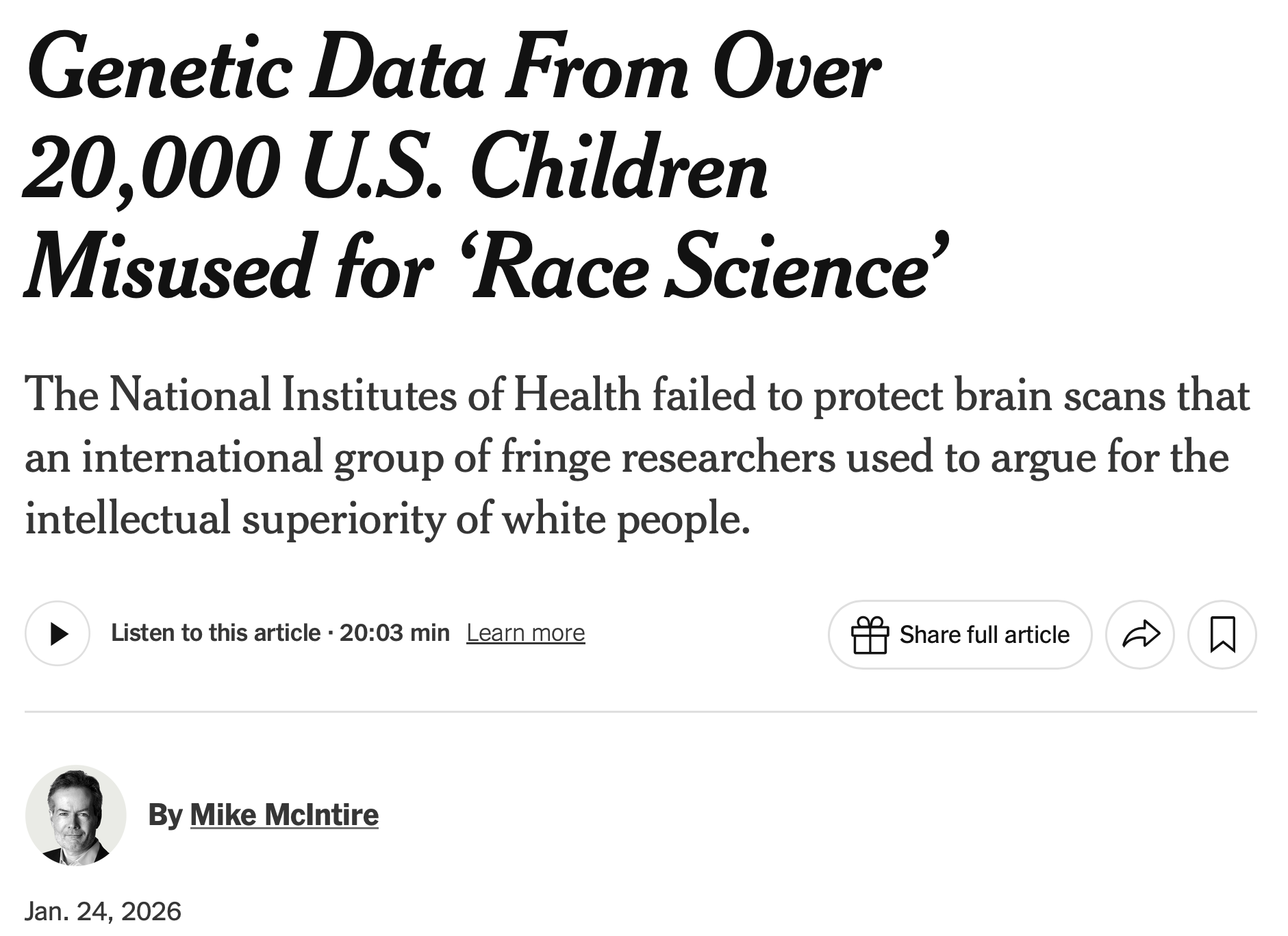 Screenshot of a news article reporting that NIH failed to protect brain scans that an international group of fringe researchers used to argue for the intellectual superiority of white people.