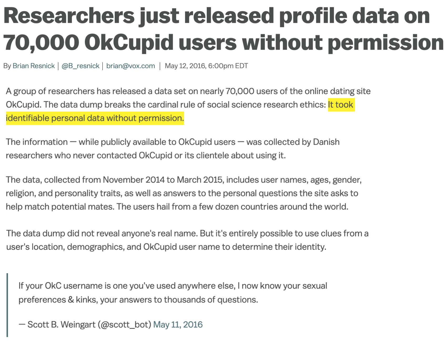 Screenshot of a Vox article reporting that researchers released identifiable profile data from nearly 70,000 OkCupid users without permission.